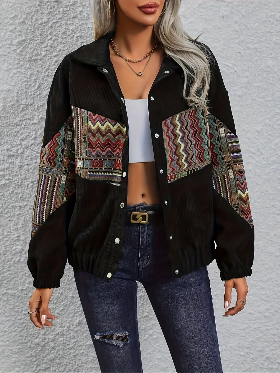 Veste bombardier femme noire en velours côtelé avec empiècements à motifs ethniques colorés - Imagen 2