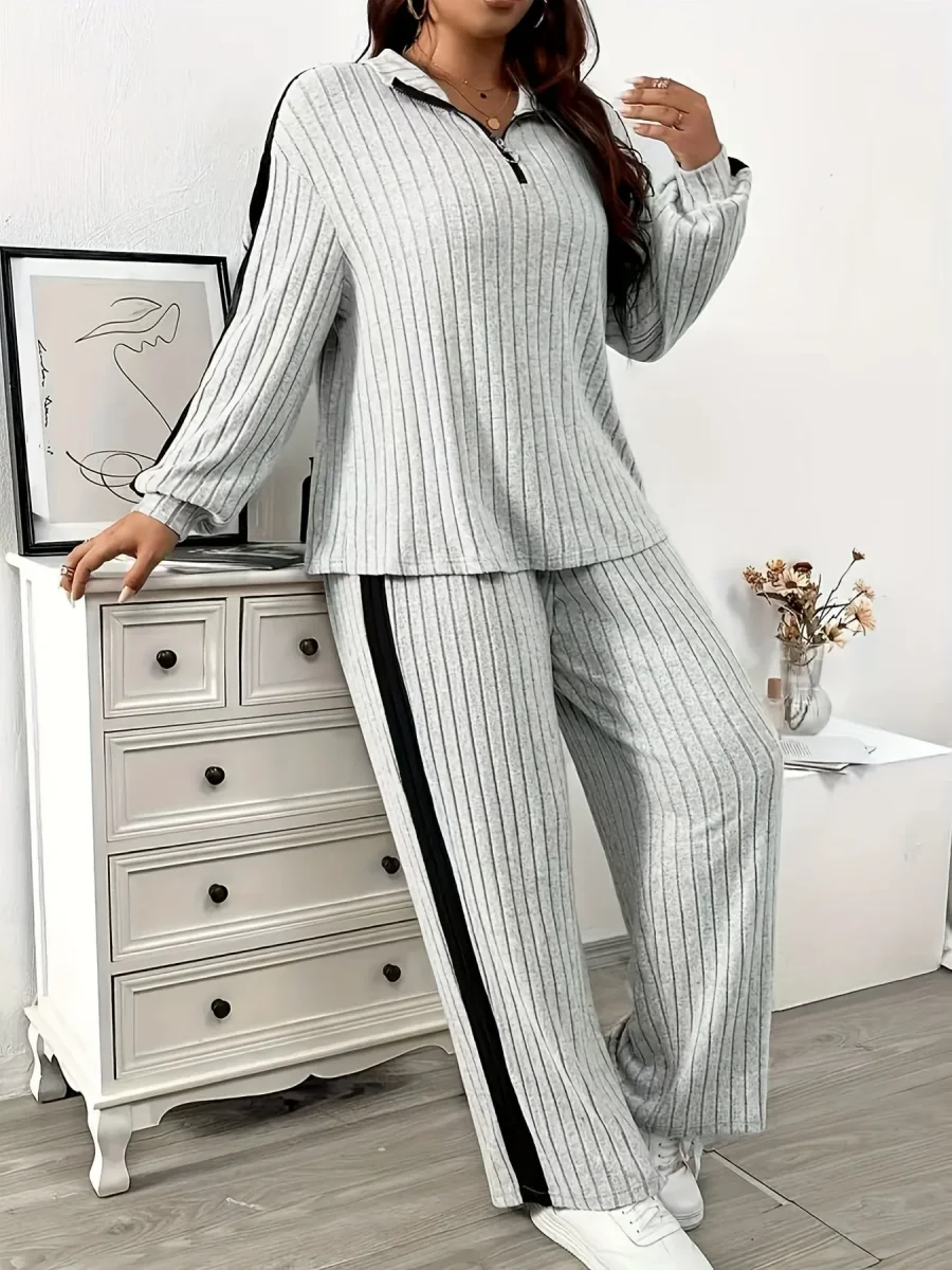 Ensemble côtelé Femme col zippé rayures latérales contrastantes - Imagen 4