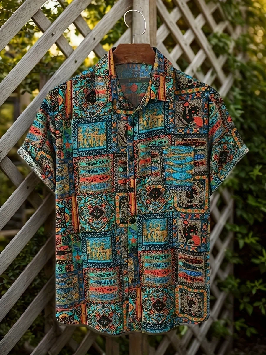 Chemise Resort Homme Motif Patchwork Style Vintage à Manches Courtes - Imagen 4