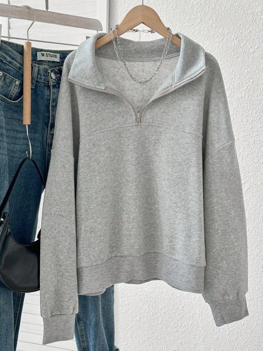Sweatshirt Femme Col Zippé Gris à Manches Longues Doux - Imagen 5