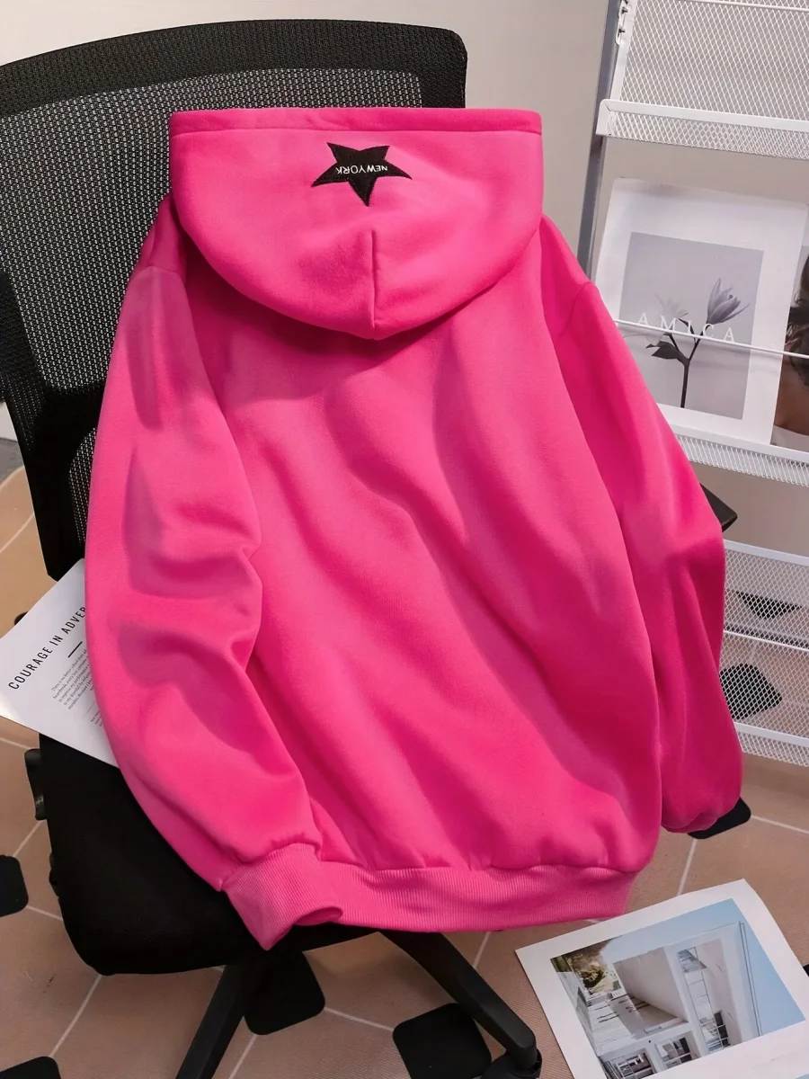 Sweat à Capuche Zippé Femme Rose Vif Étoile New York Lettrage Noir - Imagen 5