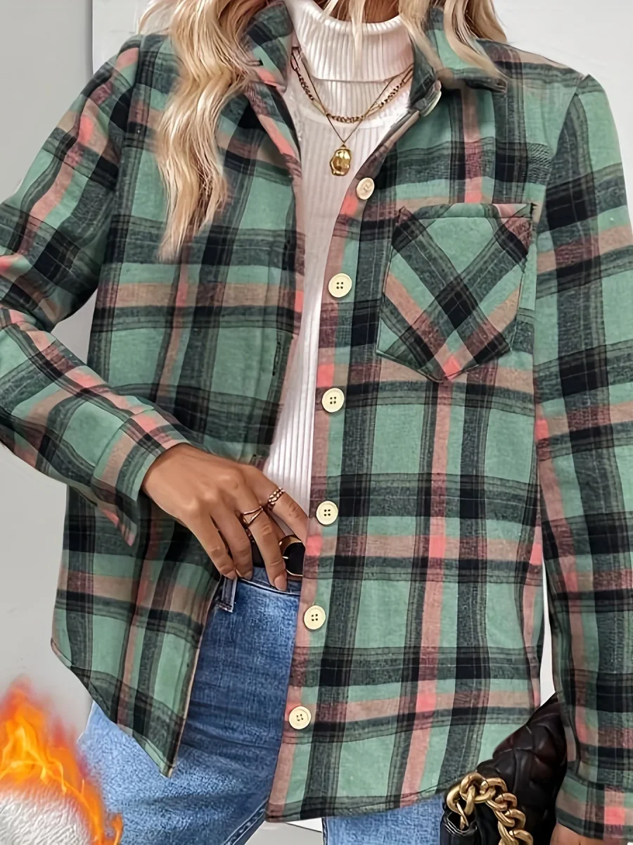 Chemise Veste Femme à Carreaux Doublée Effet Mouton Vert Menthe Rouge - Imagen 3