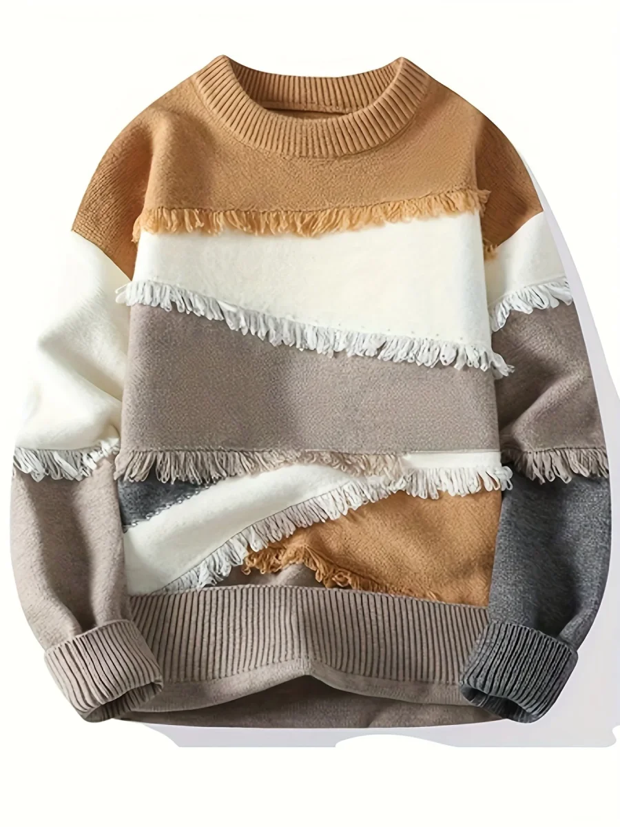 Pull Homme Col Rond Color Block à Franges Tricoté Décontracté - Imagen 2
