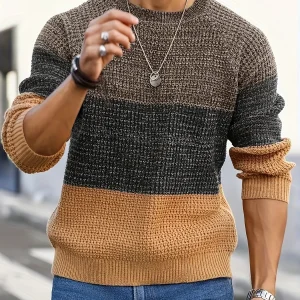 Pull Homme Col Rond Maille Texturée Tricolore Beige Marron Noir