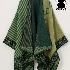 Cape Poncho Femme Réversible Vert Motif Géométrique Rayé Grande Taille