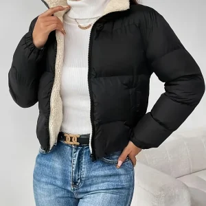 Doudoune Courte Femme Matelassée Col Montant Doublure Douce Noir