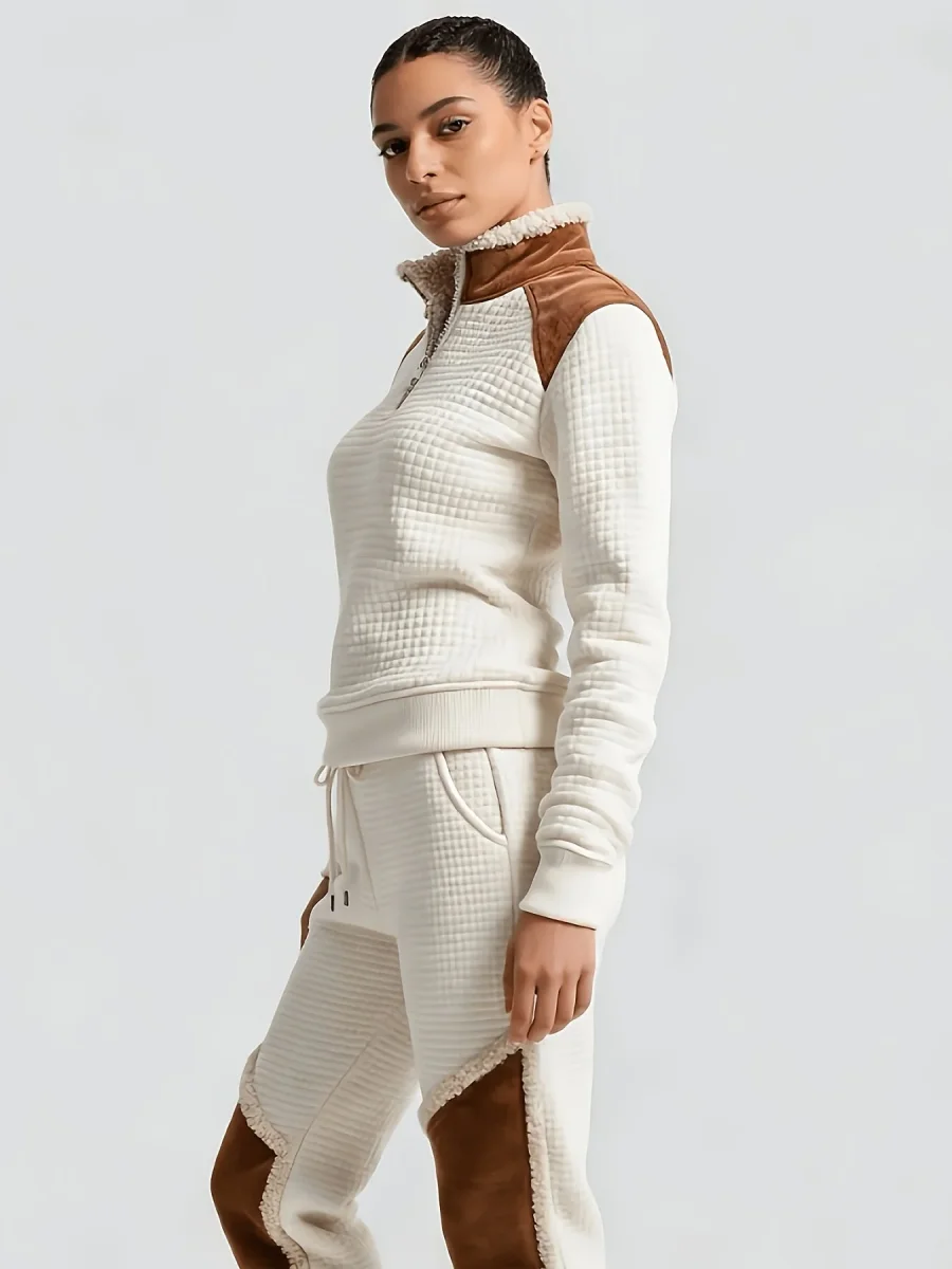Pull matelassé Femme Col Montant Zippé Blanc Cassé Épaules Marron Effet Daim - Imagen 3