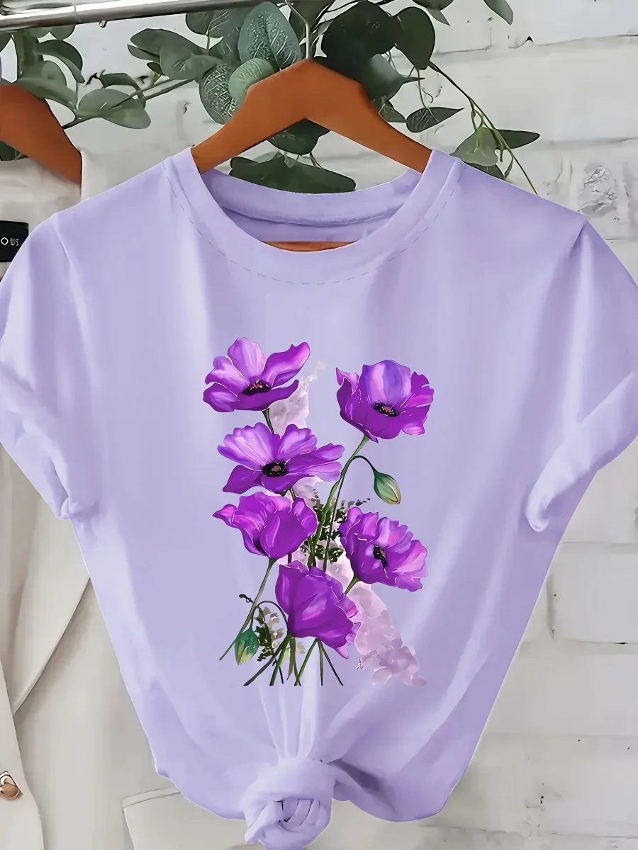 T-shirt Femme Style Décontracté à Imprimé Floral Artistique pour le Printemps et l'Été - Imagen 4