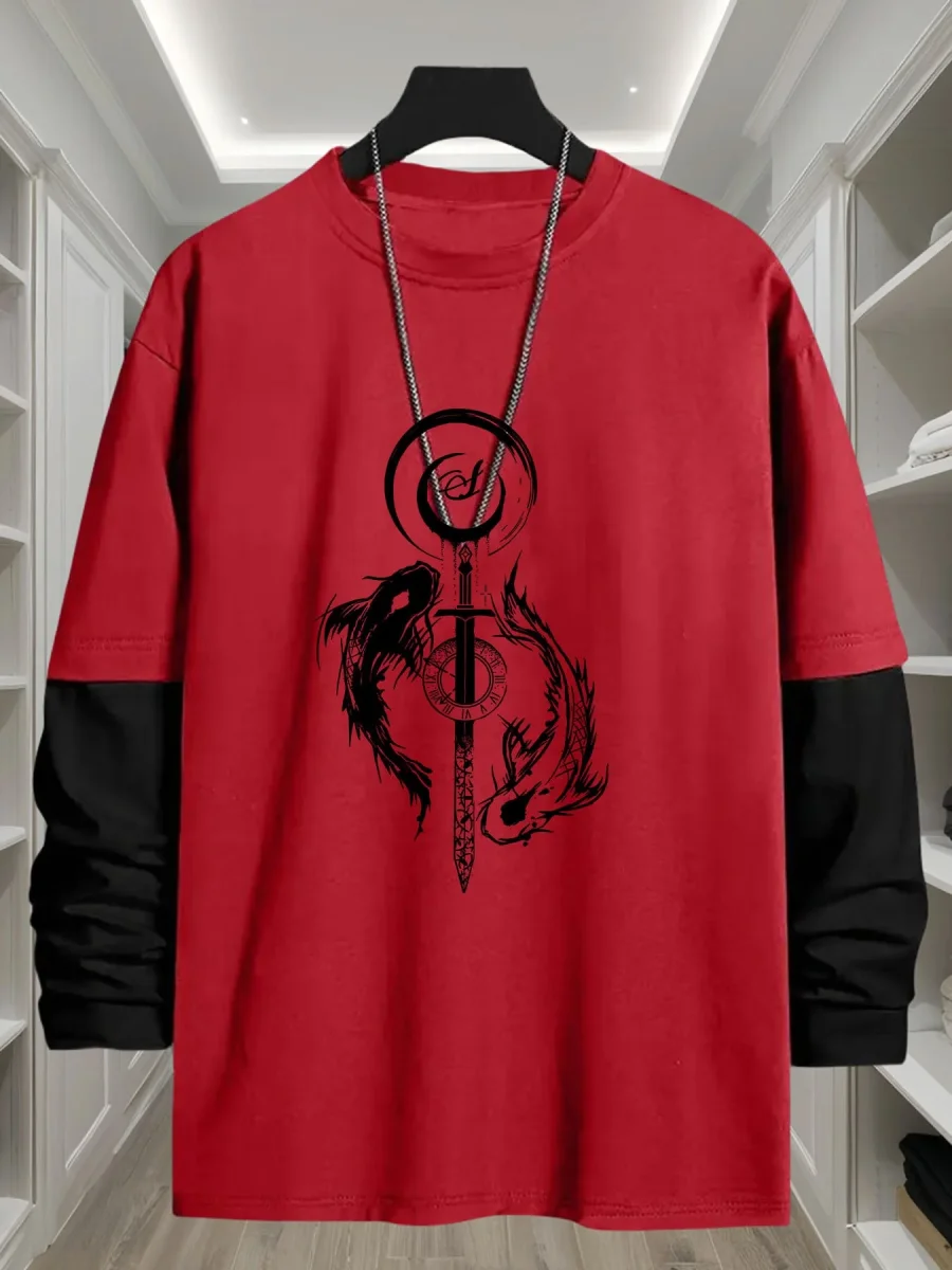 T-shirt Homme Manches Longues Bicolore Imprimé Dragon Épée - Imagen 5
