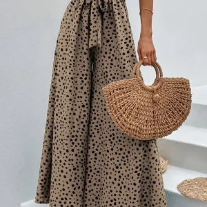 Pantalon large à pois femme style élégant pour printemps/été avec ceinture nouée