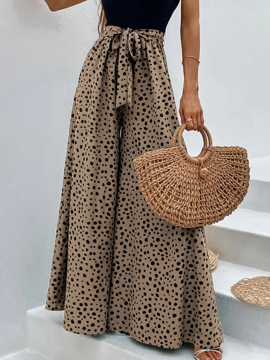 Pantalon large à pois femme style élégant pour printemps/été avec ceinture nouée