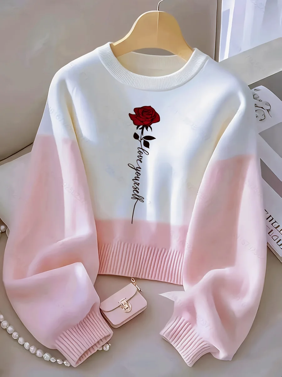 Sweat-shirt bicolore blanc rose imprimé rose rouge et texte col rond - Imagen 2