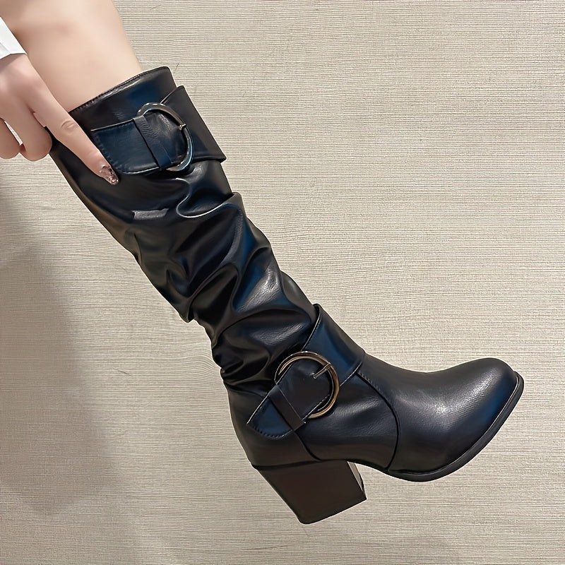 Bottes Femme mi-mollet plissées avec boucles décoratives et talon épais - Imagen 3