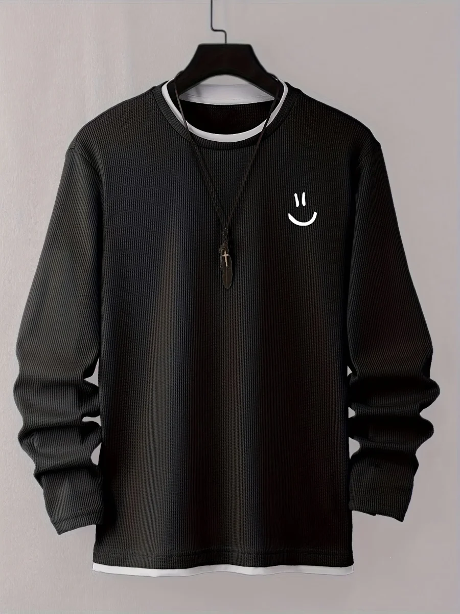 Pull homme texturé gaufré manches longues imprimé smiley col rond - Imagen 5