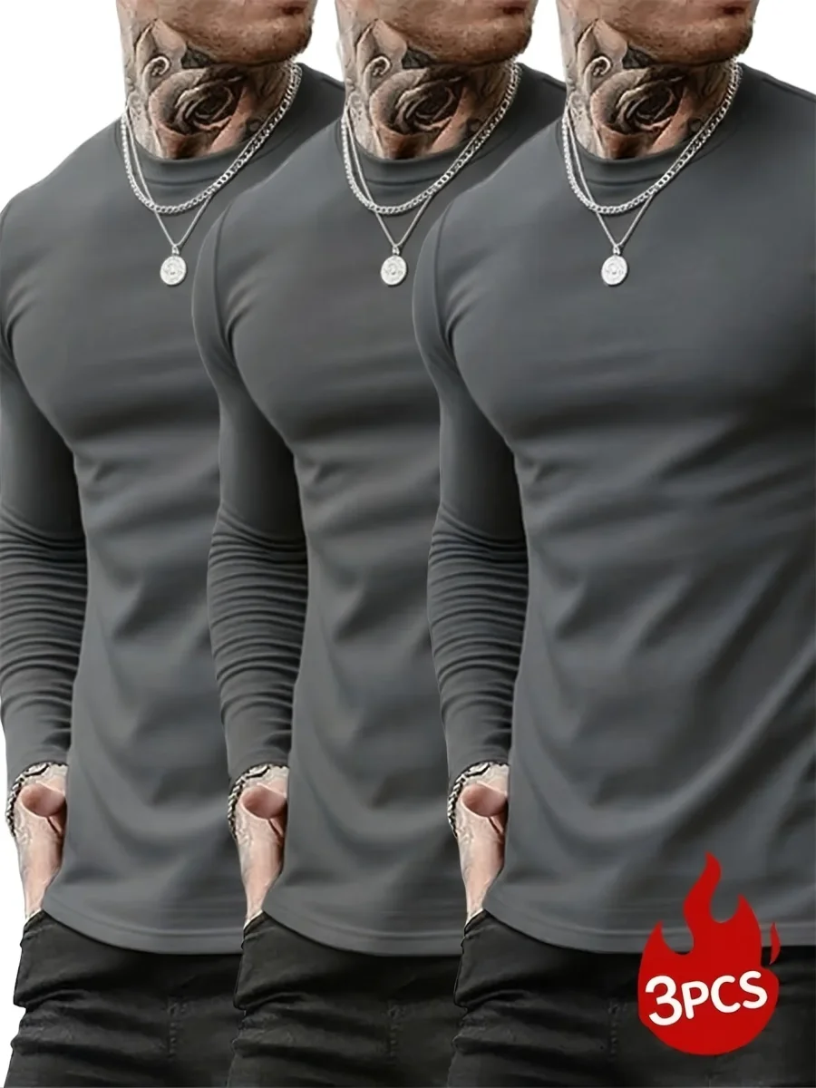 Lot de 3 T-shirts Homme Manches Longues Unis Cou Ras-du-cou Noir Gris Blanc - Imagen 3
