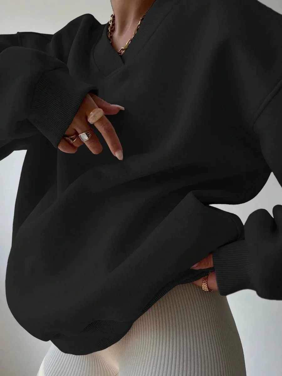 Pull col V femme noir décontracté manches longues - Imagen 7