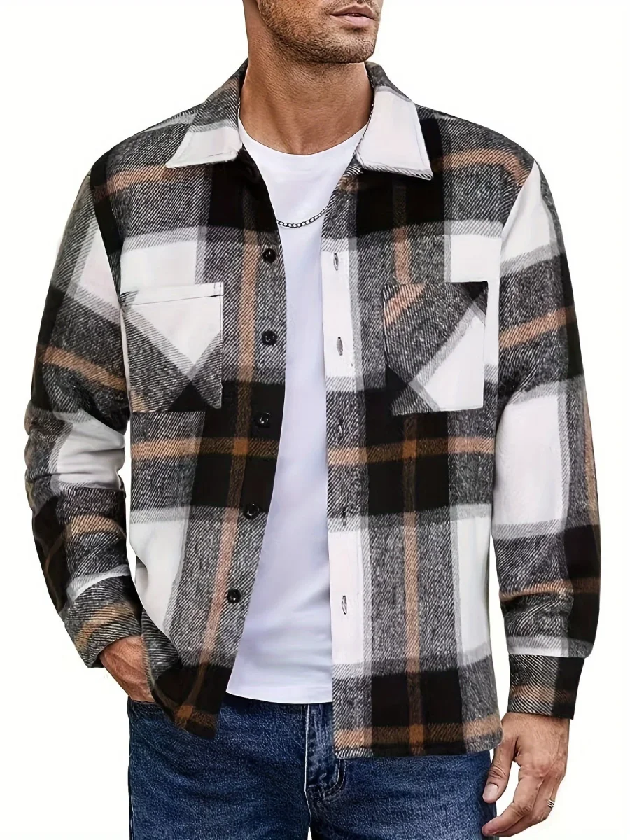 Chemise à carreaux homme coupe décontractée avec poches boutonnées marron clair et blanc - Imagen 4
