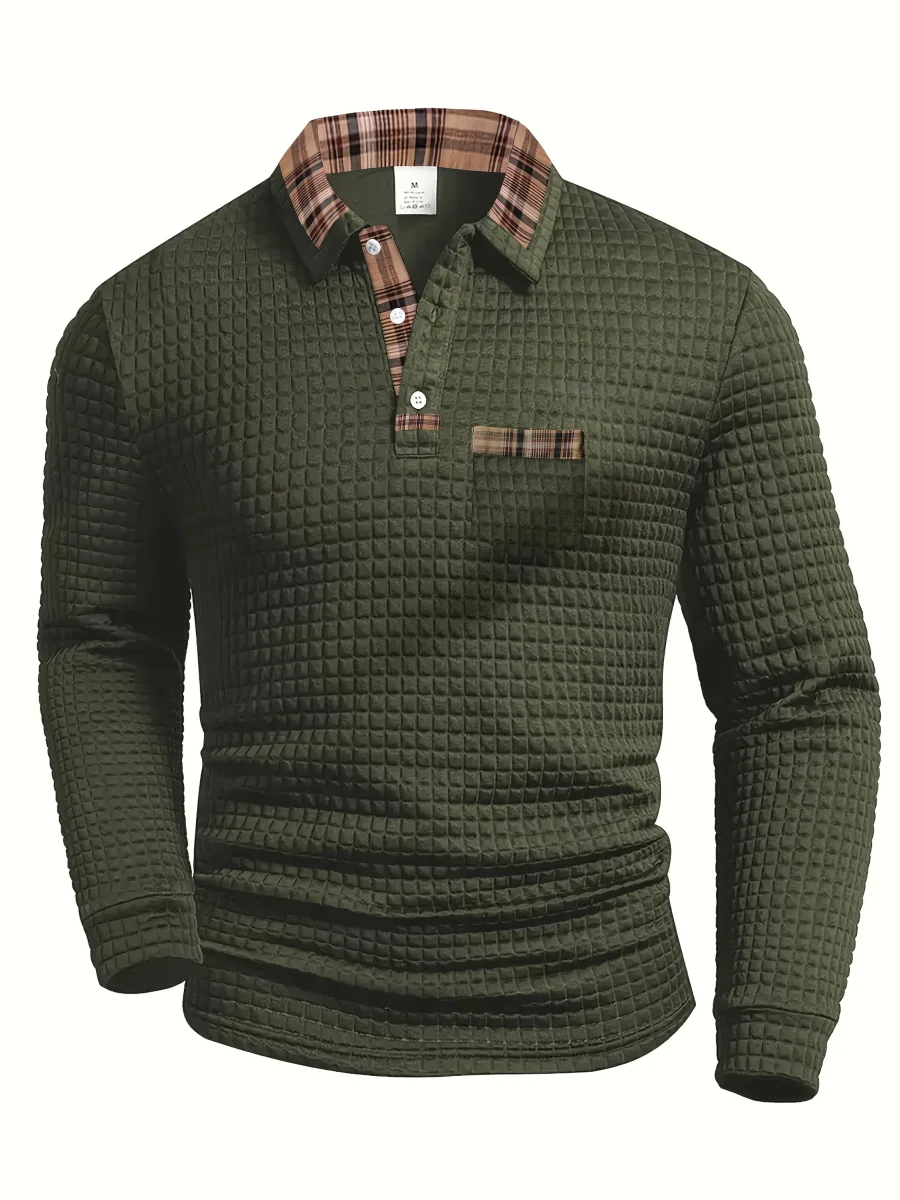 Polo homme à manches longues texturé motif gaufré avec col et poche à carreaux - Imagen 2