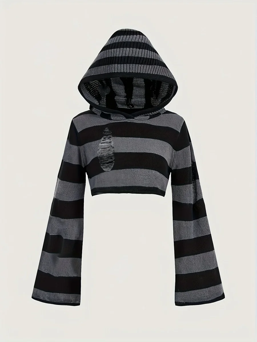 Haut court à capuche rayé noir et gris manches évasées - Imagen 2