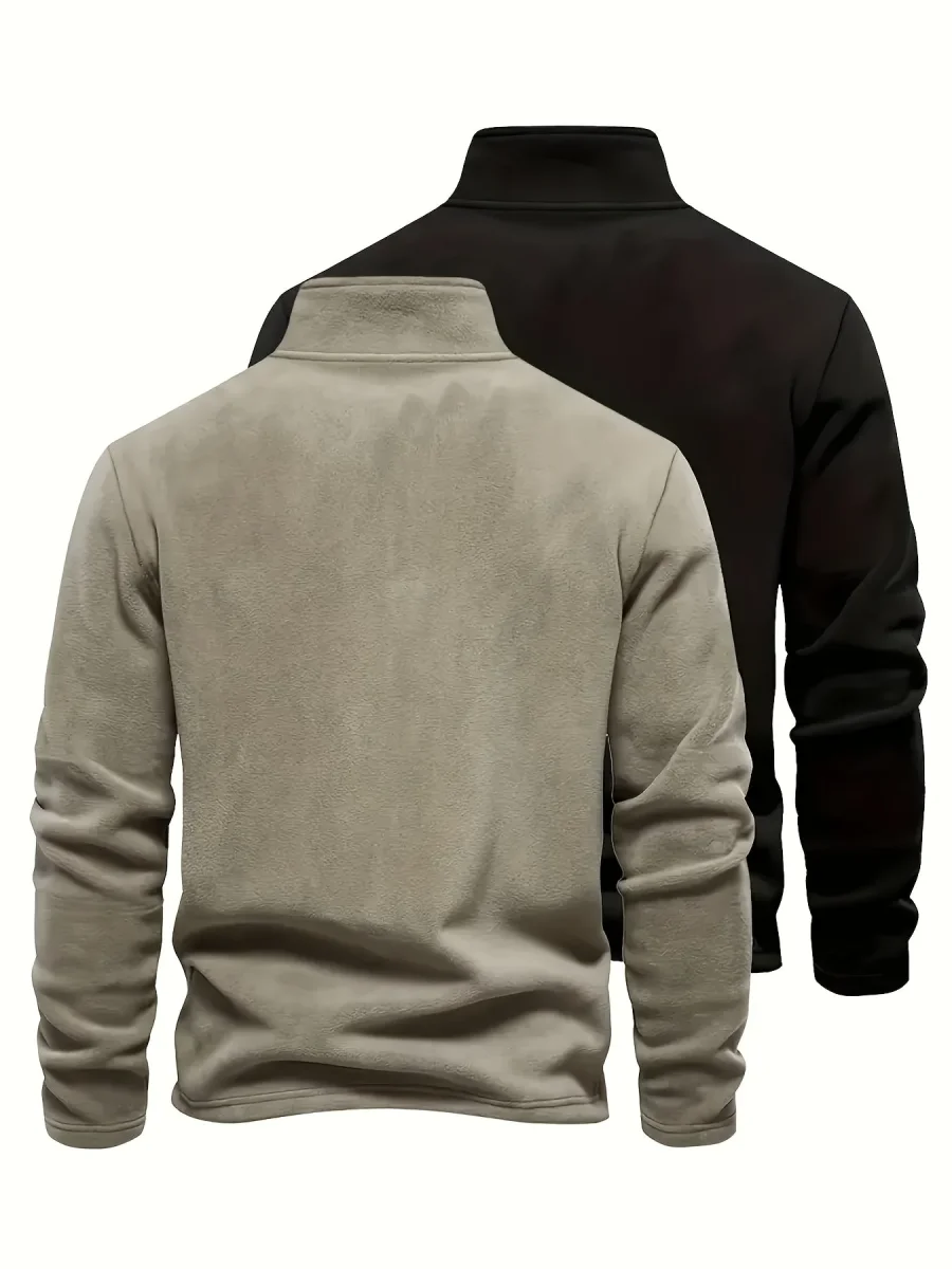 Pulls Homme Col Montant Zippé Polaire Coupe Droite Bicolore Beige Kaki et Noir Imprimé Graphique - Imagen 3
