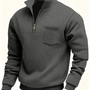 Sweat-shirt Homme Col Montant Zippé avec Poche Poitrine Couleur Unie