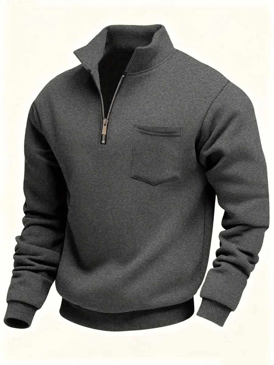 Sweat-shirt Homme Col Montant Zippé avec Poche Poitrine Couleur Unie - Imagen 2