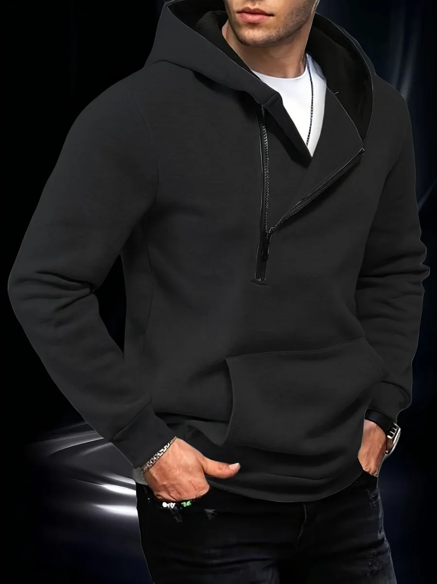 Sweat à Capuche Homme Zippé Asymétrique Couleur Unie avec Poche Kangourou - Imagen 3
