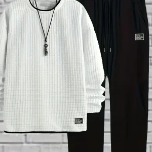 Ensemble Homme Pull Col Rond Texturé Blanc et Pantalon de Jogging Noir