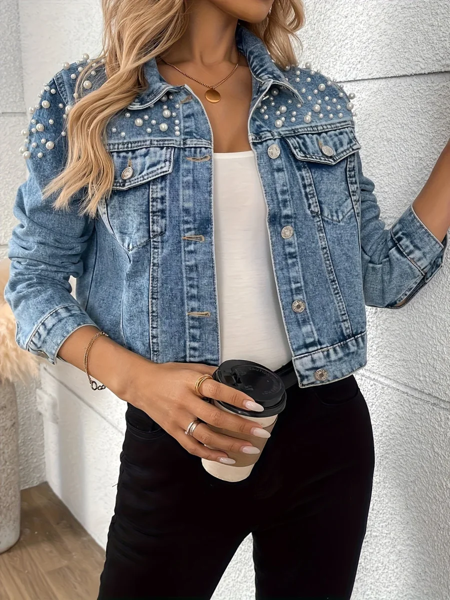 Veste en Jean Femme Bleue Décorée de Perles Manches Longues - Imagen 5