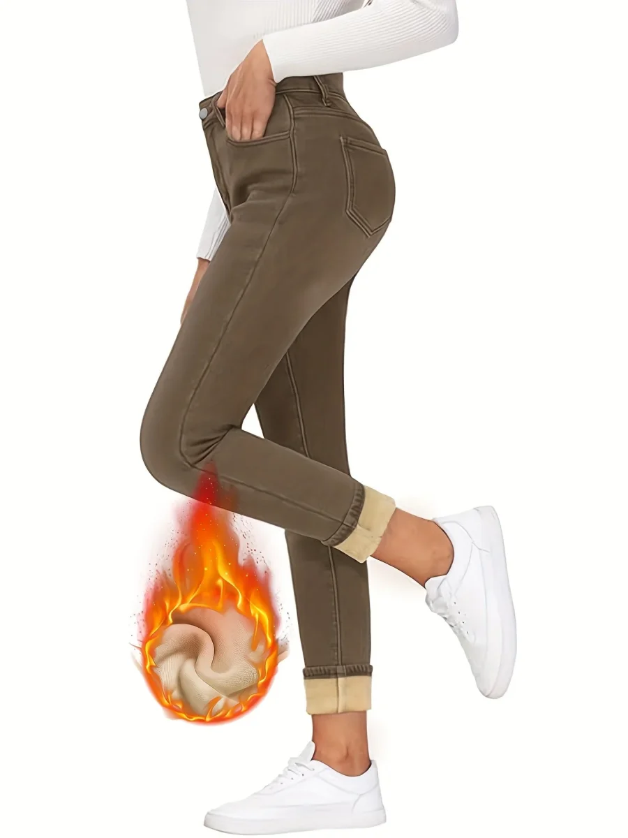 Pantalon doublé polaire pour femme marron, coupe slim, taille haute - Imagen 5