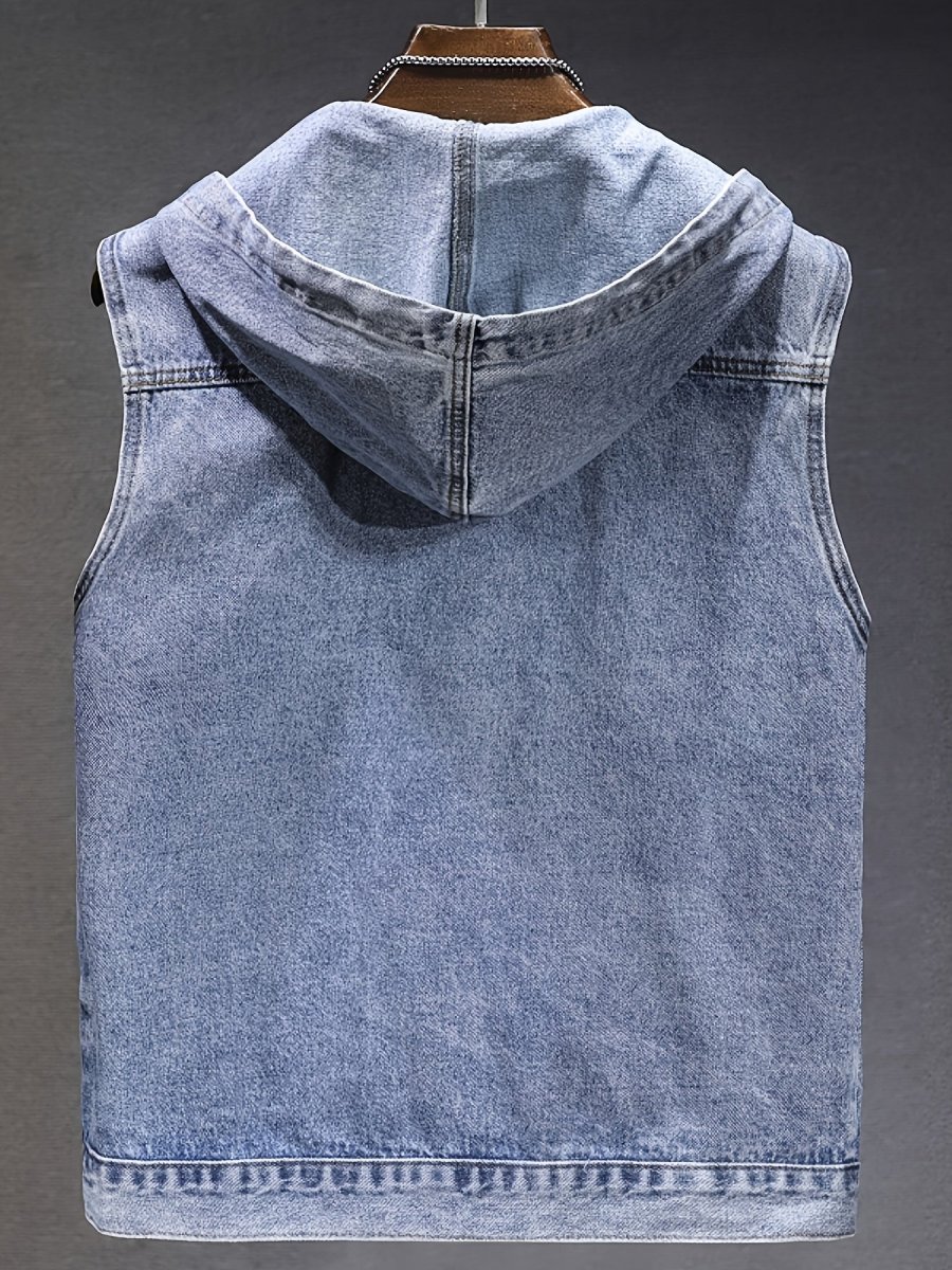 Veste sans manches à capuche pour homme en denim noir délavé - Imagen 5