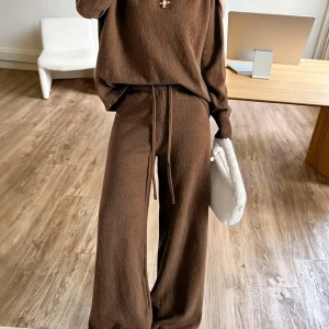 Ensemble Femme Pull et Pantalon Large Marron Tricot Décontracté Manches Longues Col Rond