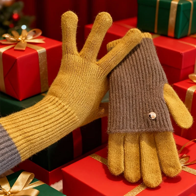 Gants tricotés bicolores convertibles avec mitaines rabattables pour femme - Imagen 8