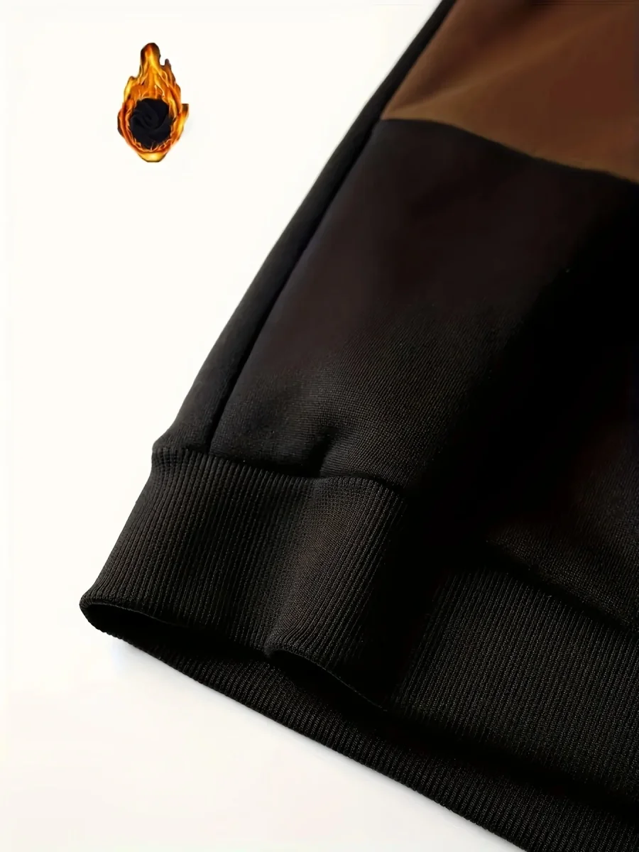 Sweat à Capuche Color Block Homme Noir Beige Marron Manches Longues Doublé Polaire - Imagen 9