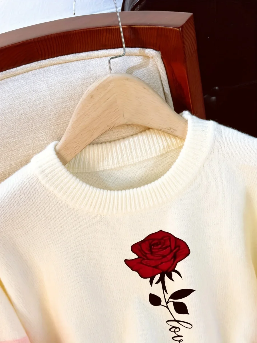 Sweat-shirt bicolore blanc rose imprimé rose rouge et texte col rond - Imagen 5