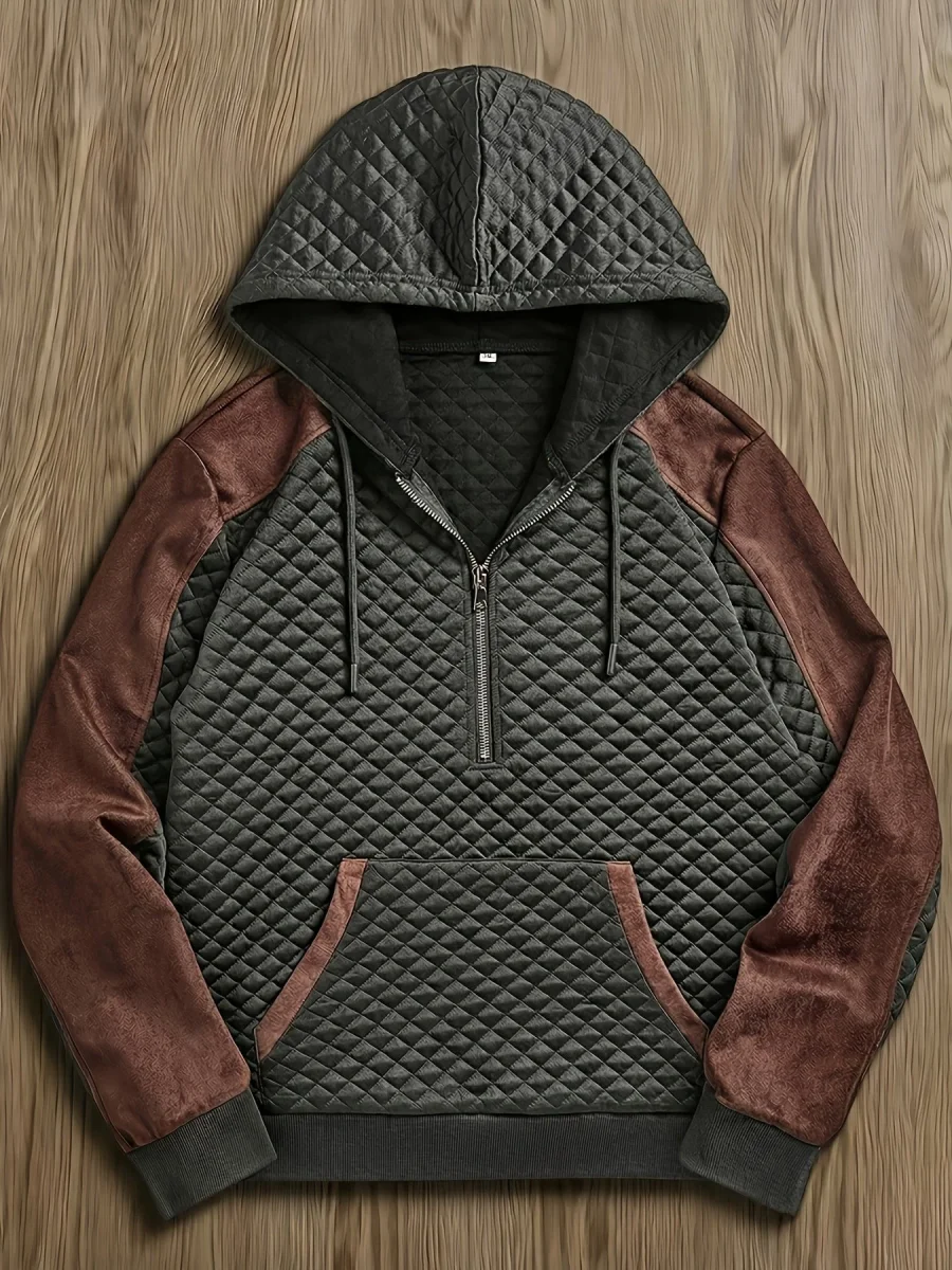 Sweat à Capuche Homme matelassé Noir Marron à Demi-Zip - Imagen 5