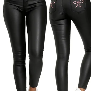 Pantalon Femme Noir Effet Cuir avec Nœuds Rose Détail Poches Arrière