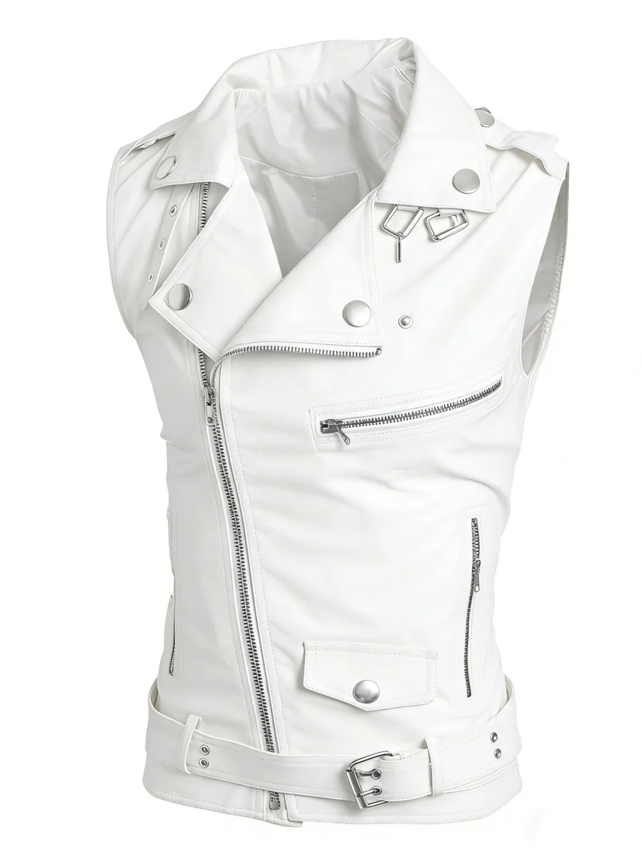 Gilet de style motard en similicuir sans manches avec fermeture éclair asymétrique - Imagen 4