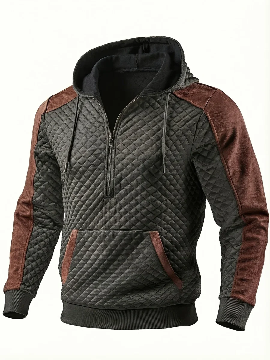 Sweat à Capuche Homme matelassé Noir Marron à Demi-Zip - Imagen 3