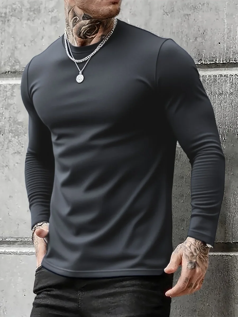 Lot de 3 T-shirts Homme Manches Longues Unis Cou Ras-du-cou Noir Gris Blanc - Imagen 7