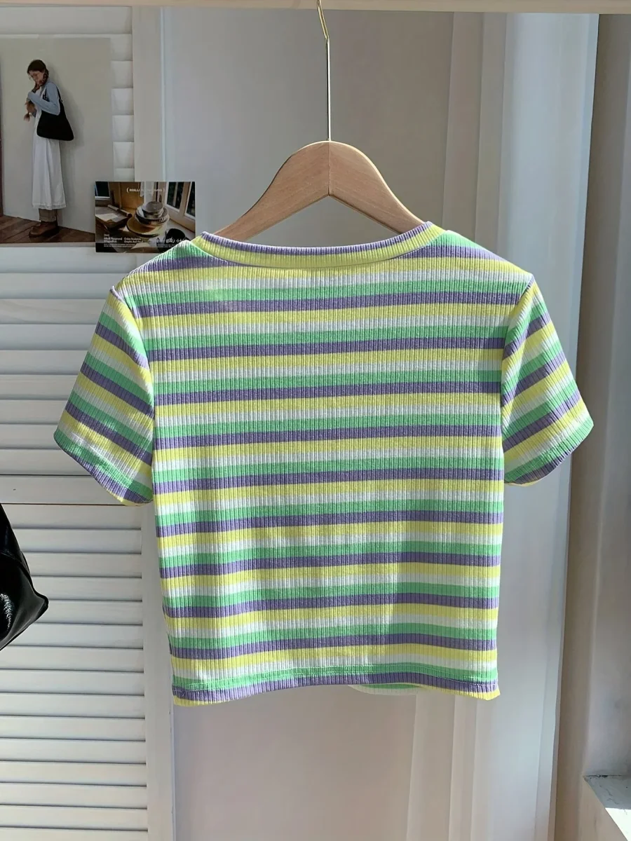 T-shirt rayé à manches courtes pour femme, style décontracté et tendance, parfait pour l'été - Imagen 9