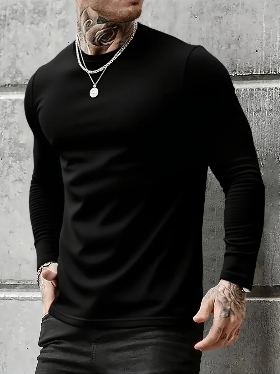 Lot de 3 T-shirts Homme Manches Longues Unis Cou Ras-du-cou Noir Gris Blanc - Imagen 9