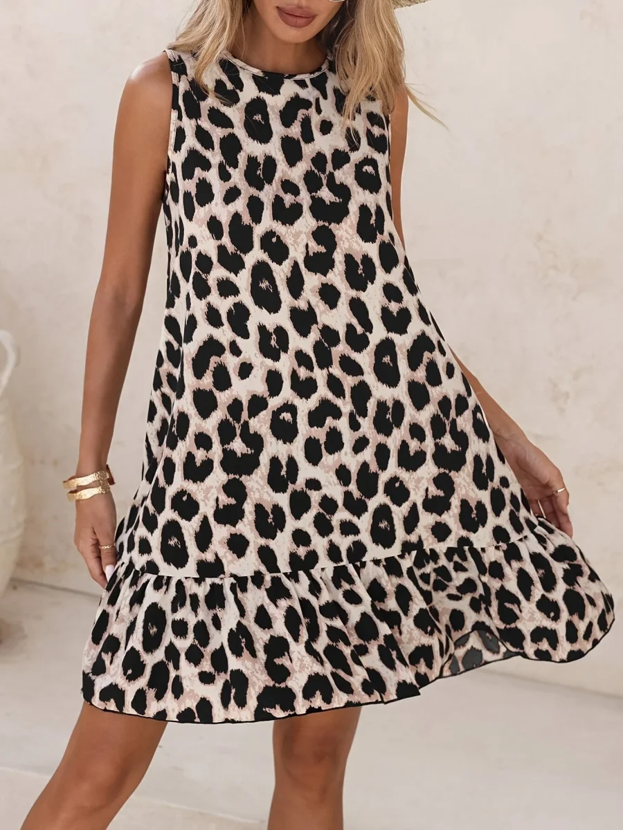 Robe d'été femme style décontracté à imprimé léopard, sans manches, idéale pour la plage ou les sorties - Imagen 6