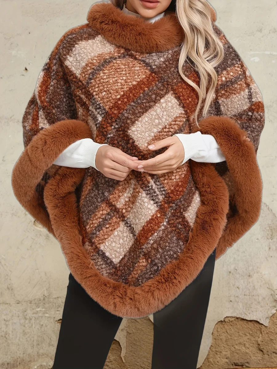Poncho Femme Chaud Motifs Géométriques et Bordures Imitation Fourrure - Imagen 8