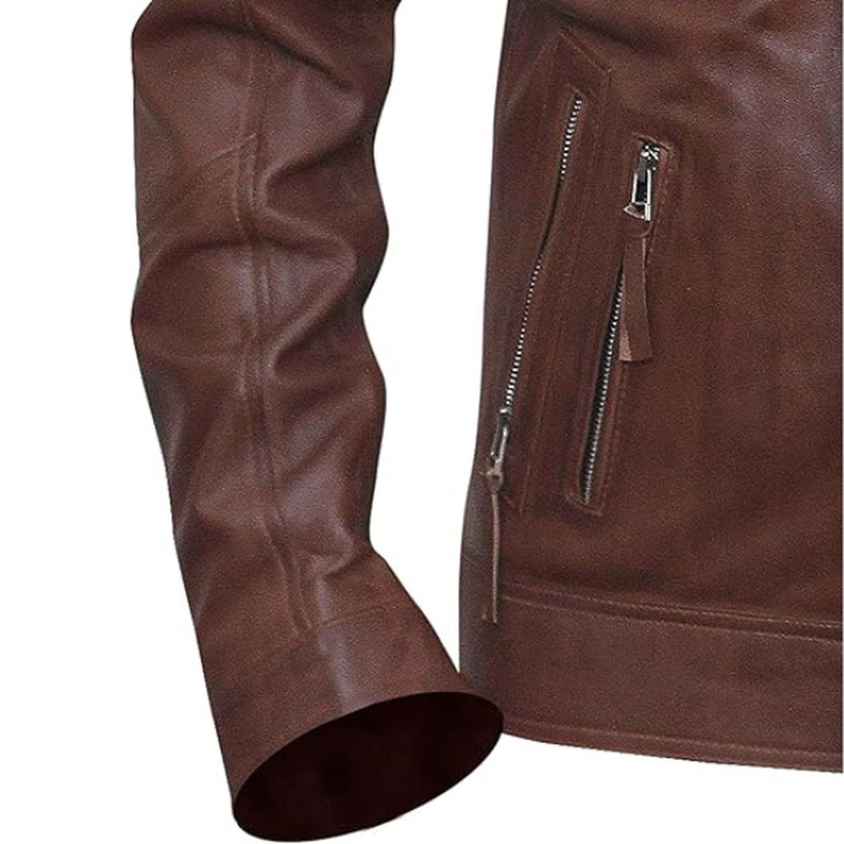 Chaqueta de hombre estilo café racer de piel de oveja marrón - Imagen 7