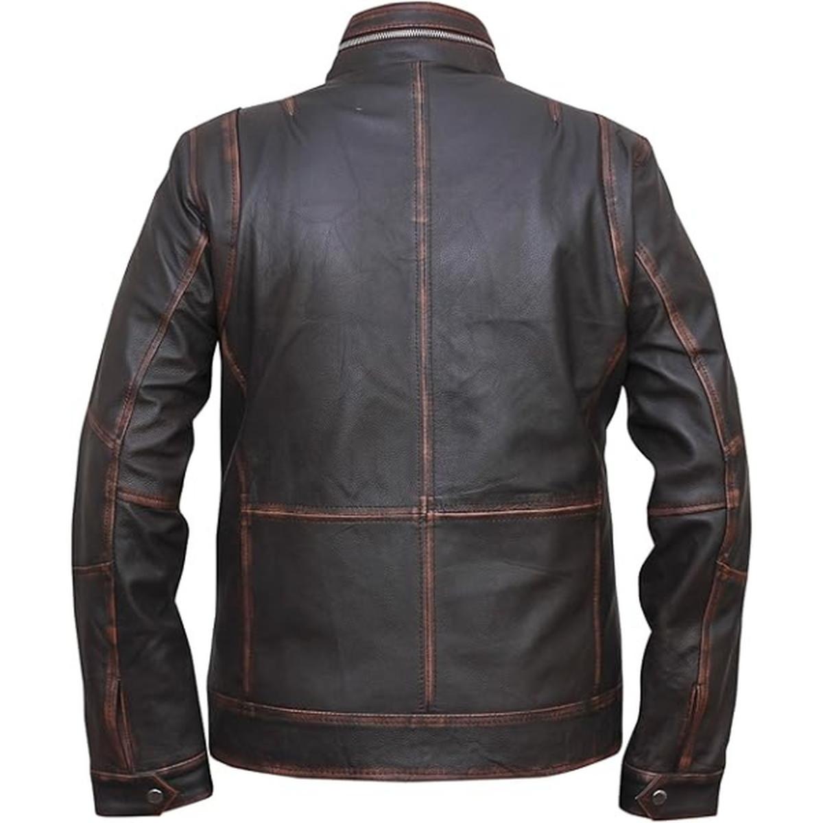 Chaqueta vintage de cuero auténtico para hombre, seis bolsillos, marrón oscuro, efecto desgastado. - Imagen 7