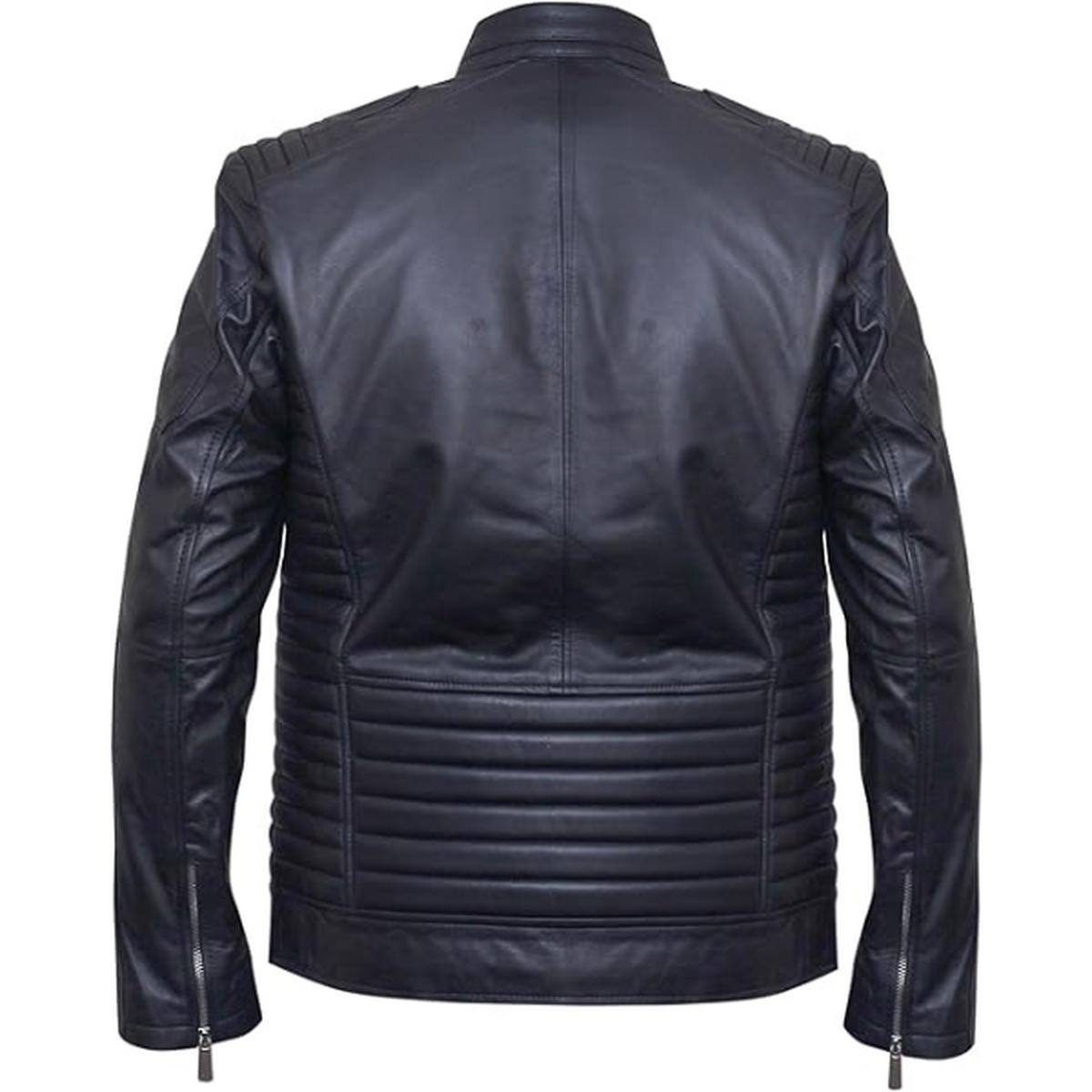 Chaqueta de hombre de cuero genuino negro estilo café racer. – con Cuello Alto - Imagen 7