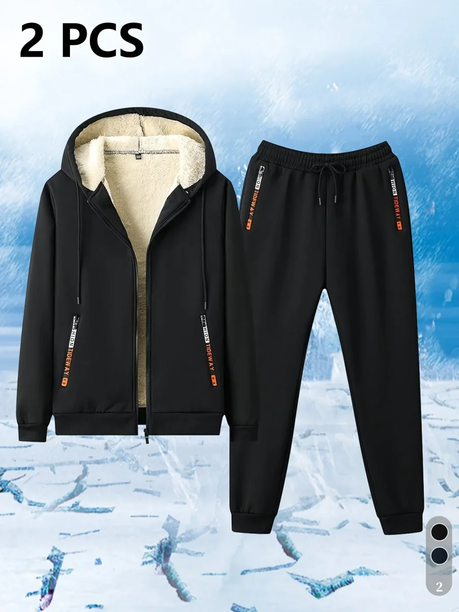 Ensemble Survêtement Homme Capuche Doublure Sherpa Hiver Chaud Bleu Marine - Imagen 4