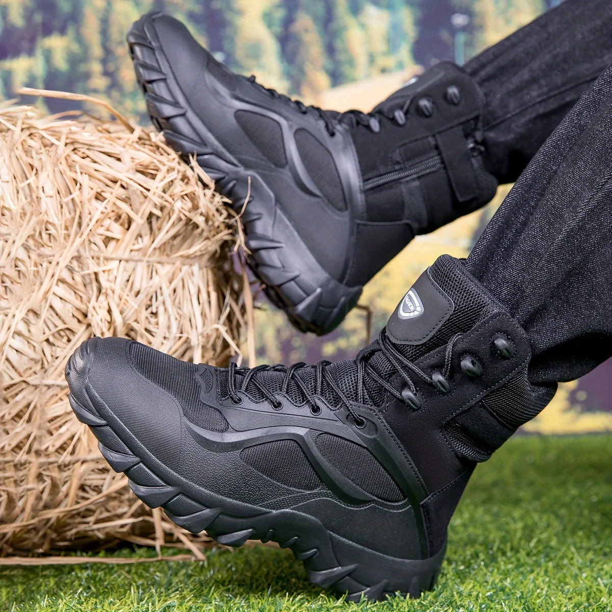Bottes tactiques montantes noires à lacets et semelle crantée pour homme - Imagen 3
