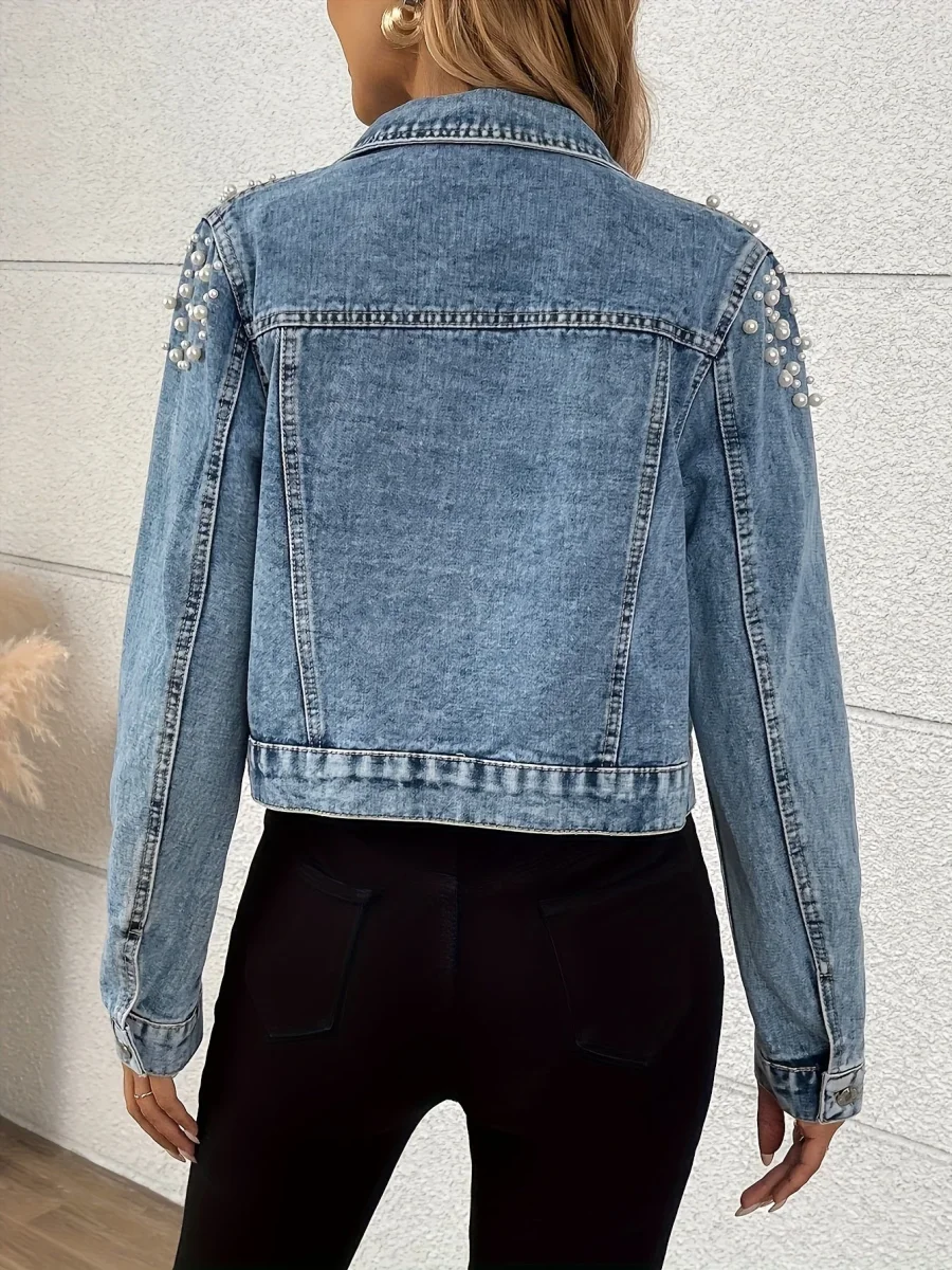 Veste en Jean Femme Bleue Décorée de Perles Manches Longues - Imagen 4